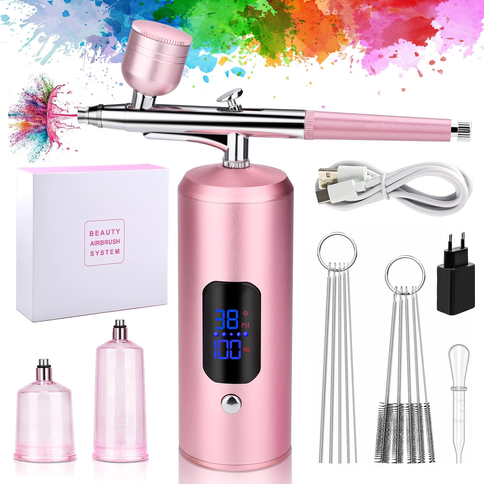 DaakroAirbrush Set, Spray Gun with Compressor 38PSI Wireless Airbrush Kit, Mini Rechargeable Cosmetic Airbrush, Cake Decoration, Nail Art, Tattoos, and Face Painting