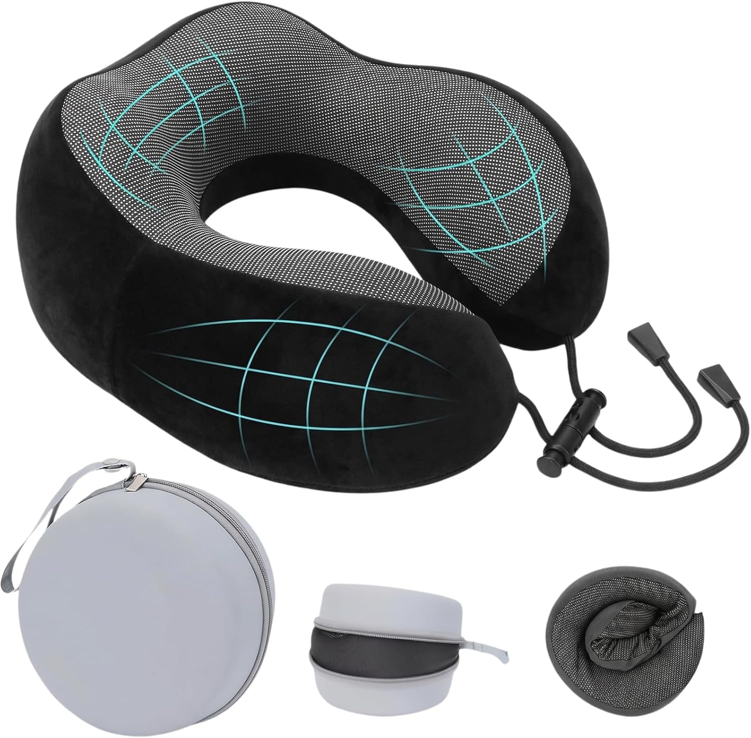 Travel Neck Pillow Memory Foam U-Shaped with Storage Box, Black | Memory Foam Travel Neck Pillow U-Shaped, Adjustable Buckle, Side Pocket, Washable Cover, Storage Box, for Airplane & Car