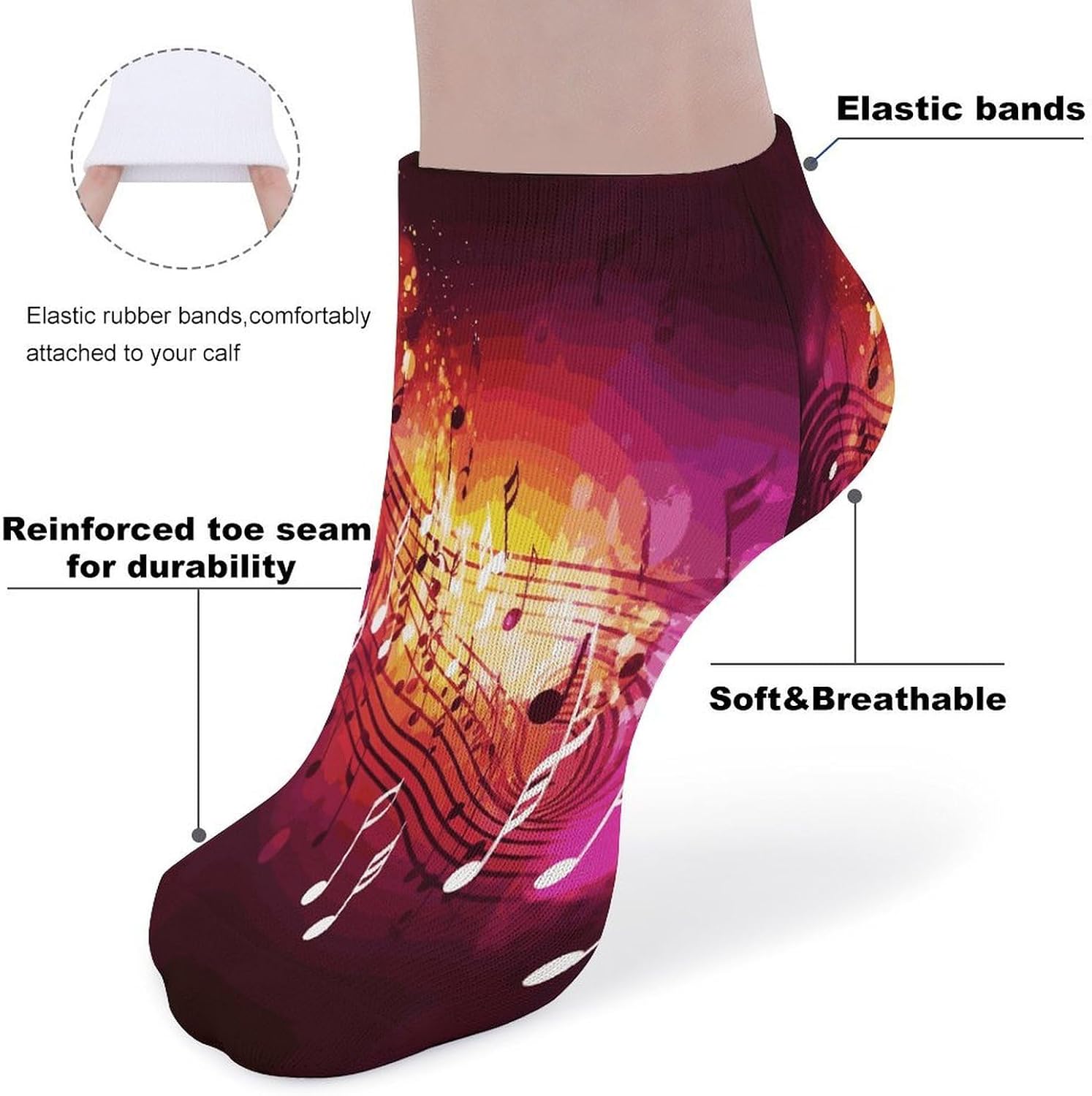 Music Notes Ankle Socks for Men Women 5 Pairs | Comfortable Casual Low Cut Socks, Lightweight No Show Breathable Athletic Socks, Soft Mini Crew Socks for All Seasons