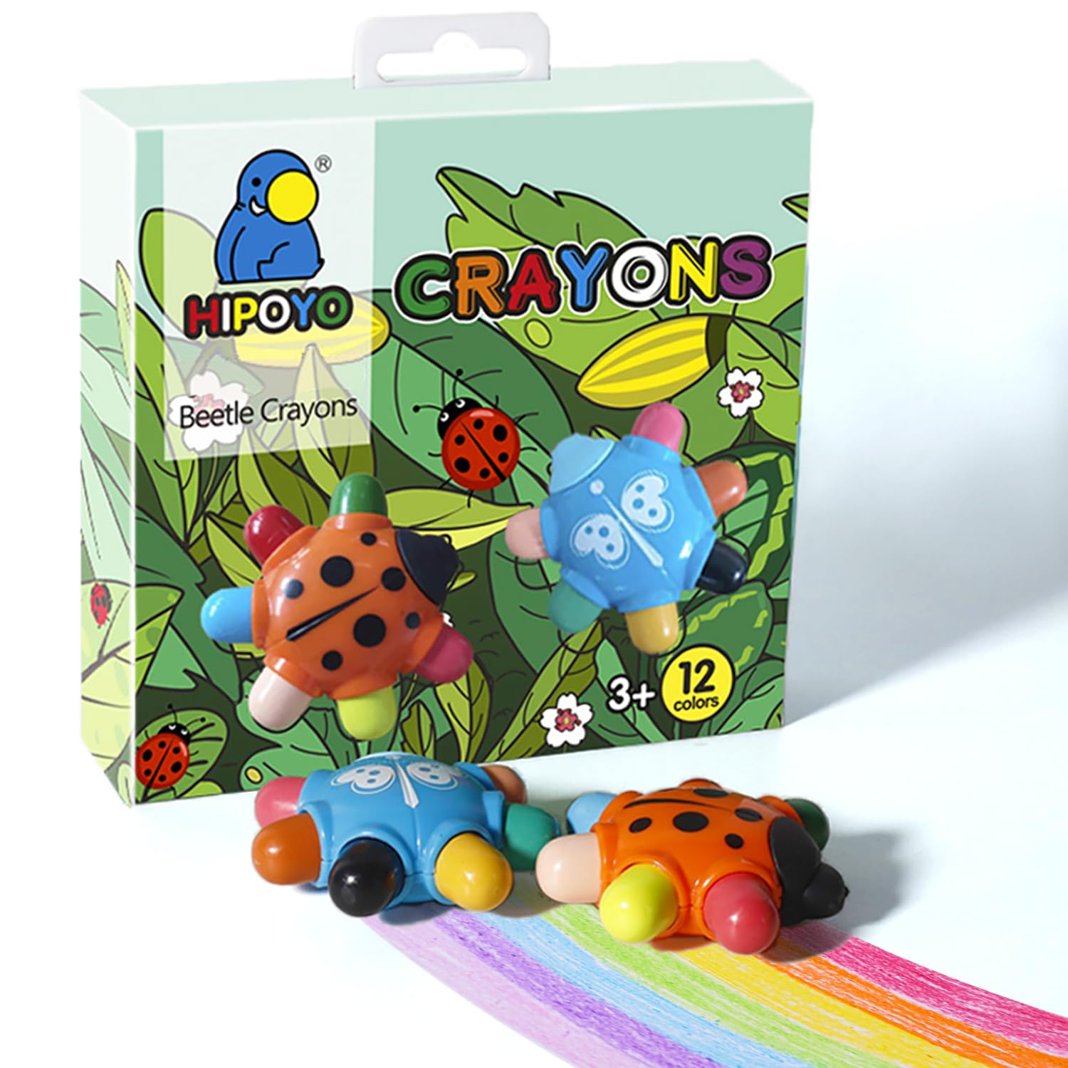SPRMUD Portable Beetle Crayons with 12/24 Colors and Erasers, Non-toxic Washable Crayons for Kids, Easy-Grip Unbreakable Crayon, Travel Art kits Gifts