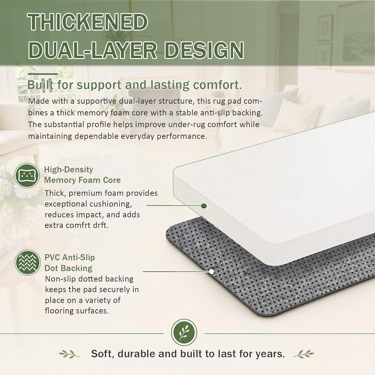 Non Slip Cushioned Rug Pads Rug Carpet Padding 5x7 Ft, 1/4 inch Thick Comfort Memory Foam Rug Pad for Under Area Rugs and Hardwood Floors, Keeps Area Rugs Softly Securely in Place