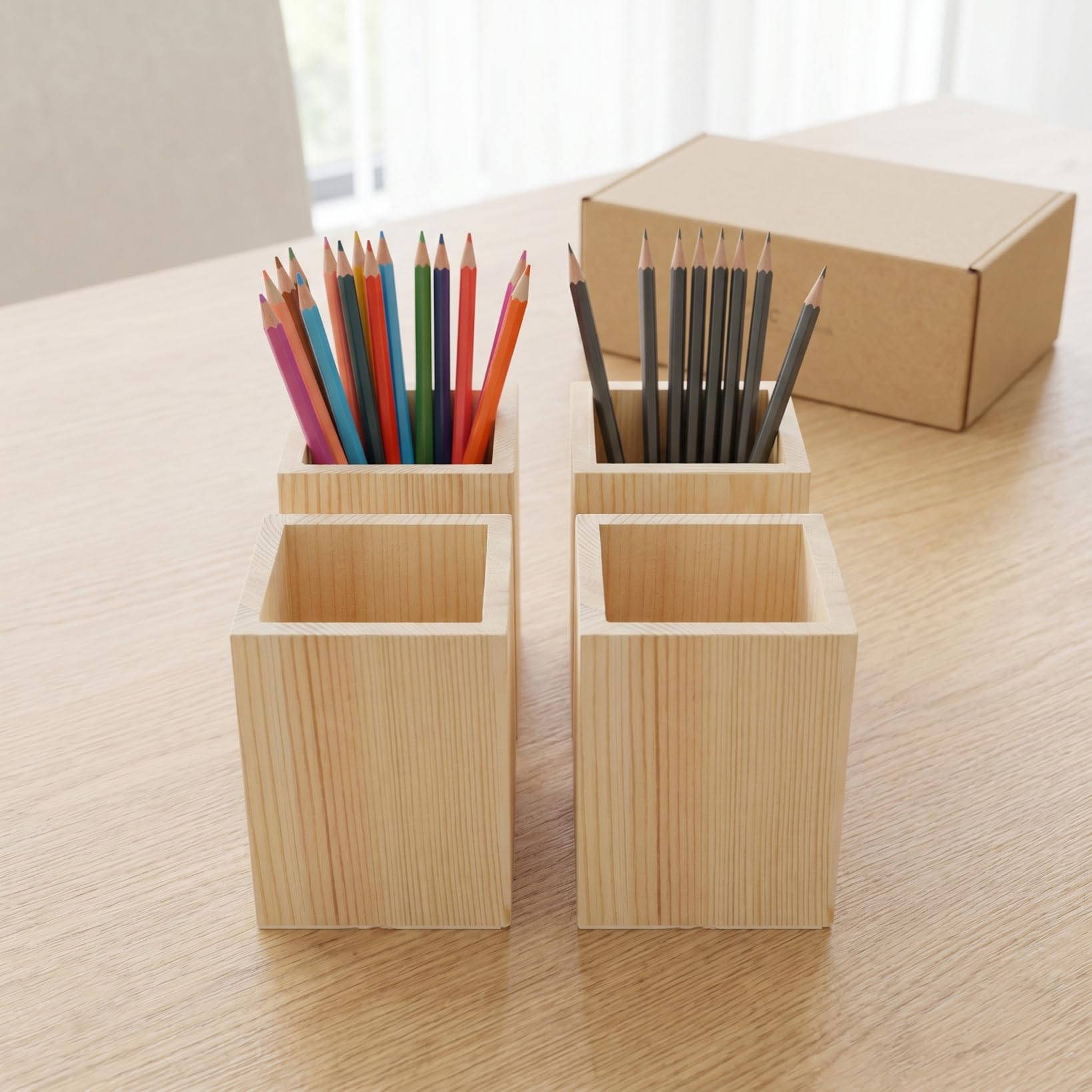 Amosfun Porte-Stylo En Bois Vierge Lot De 4 Pot À Stylo Bureau Inachevé À Peindre Organisateur De Bureau Polyvalent Pour Rangement Crayons Et Pinceaux 3.94 Pouces