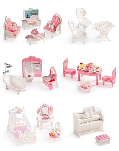 ROBUD Dollhouse Furniture, Pink Doll House Accessories and Furniture for Dining Room, Bathroom, Bedroomn,Living Room, Dollhouse Accessories Pretend Play Furniture Toys for Kids, WDHXX