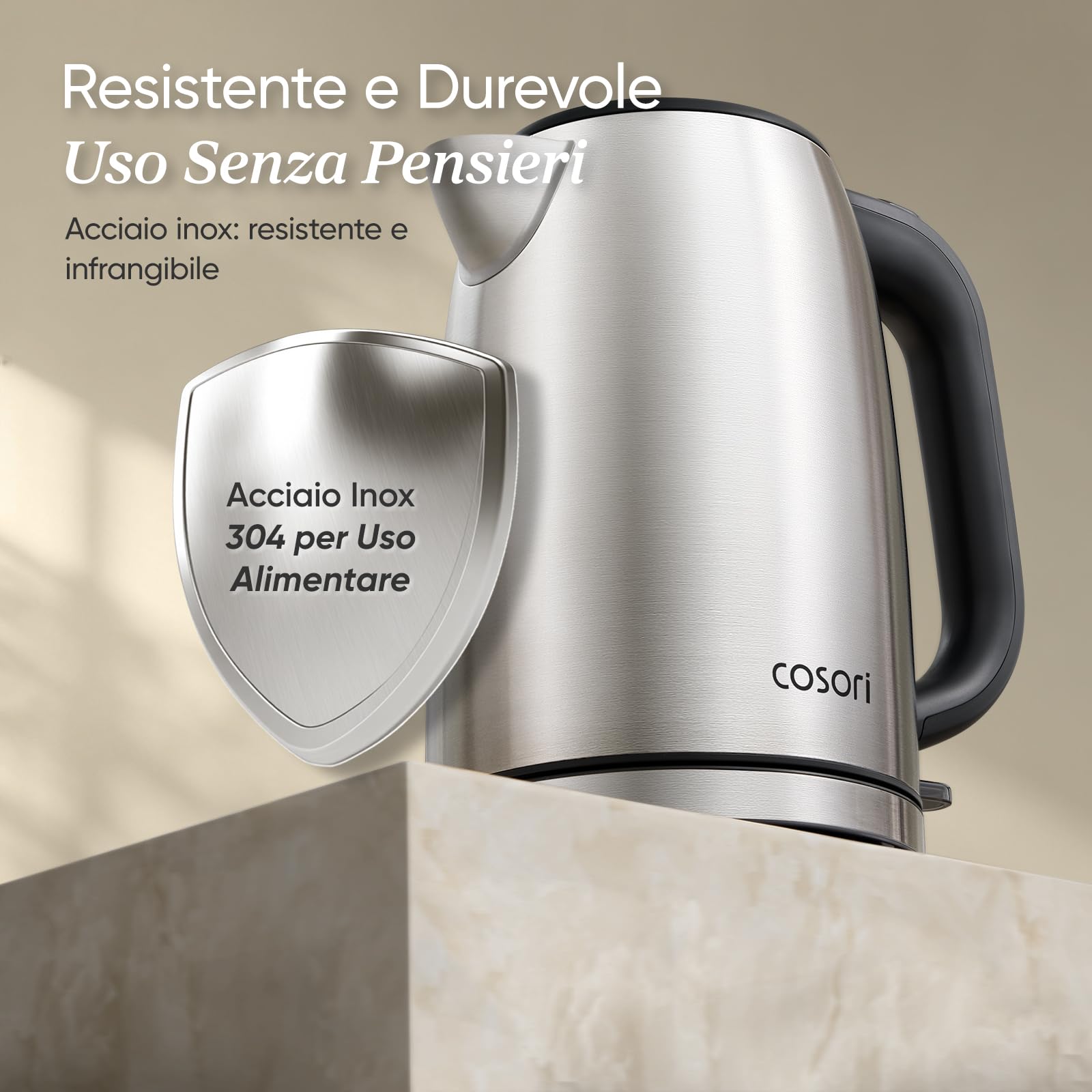 COSORI Bollitore Elettrico in Acciaio Inox 1,7 Litri, Contatto con l'Acqua Senza Plastica, 2200 W, Tecnologia del Strix, Base Girevole a 360°, Argento-Nero