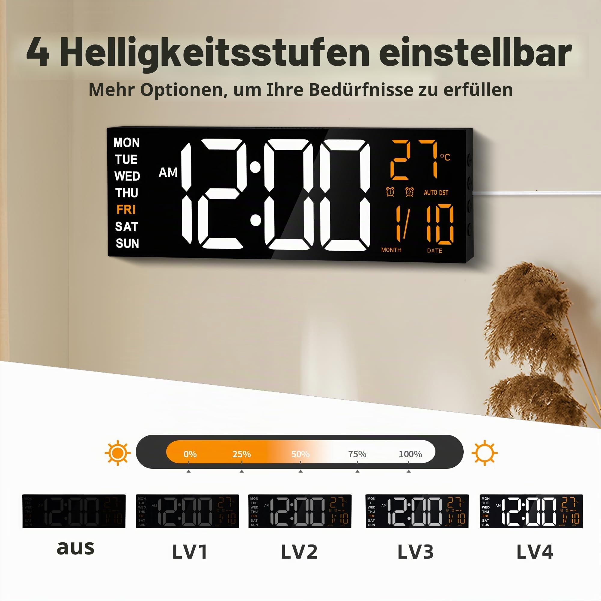 16,5" Große LED Digital Wanduhr mit Nachtlicht, Automatischer Dimmfunktion, 2 Weckern, 8 RGB-Farben, Temperaturanzeige, Fernbedienung, 12/24 Std., Timer für Wohnzimmer, Schlafzimmer, Büro