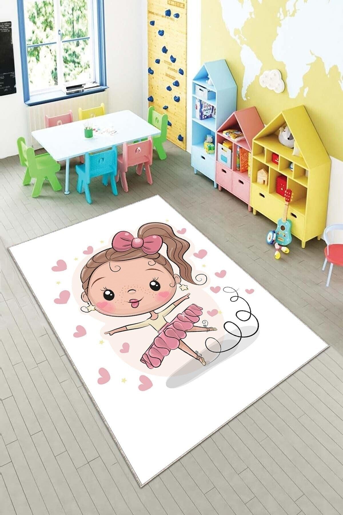 Pelangi Beyaz Dans Eden Kız Yıkanabilir Kaymaz Taban Leke Tutmazbebek Ve Çocuk Odası Halısı, Beyaz 100 x 400, 901357013100400