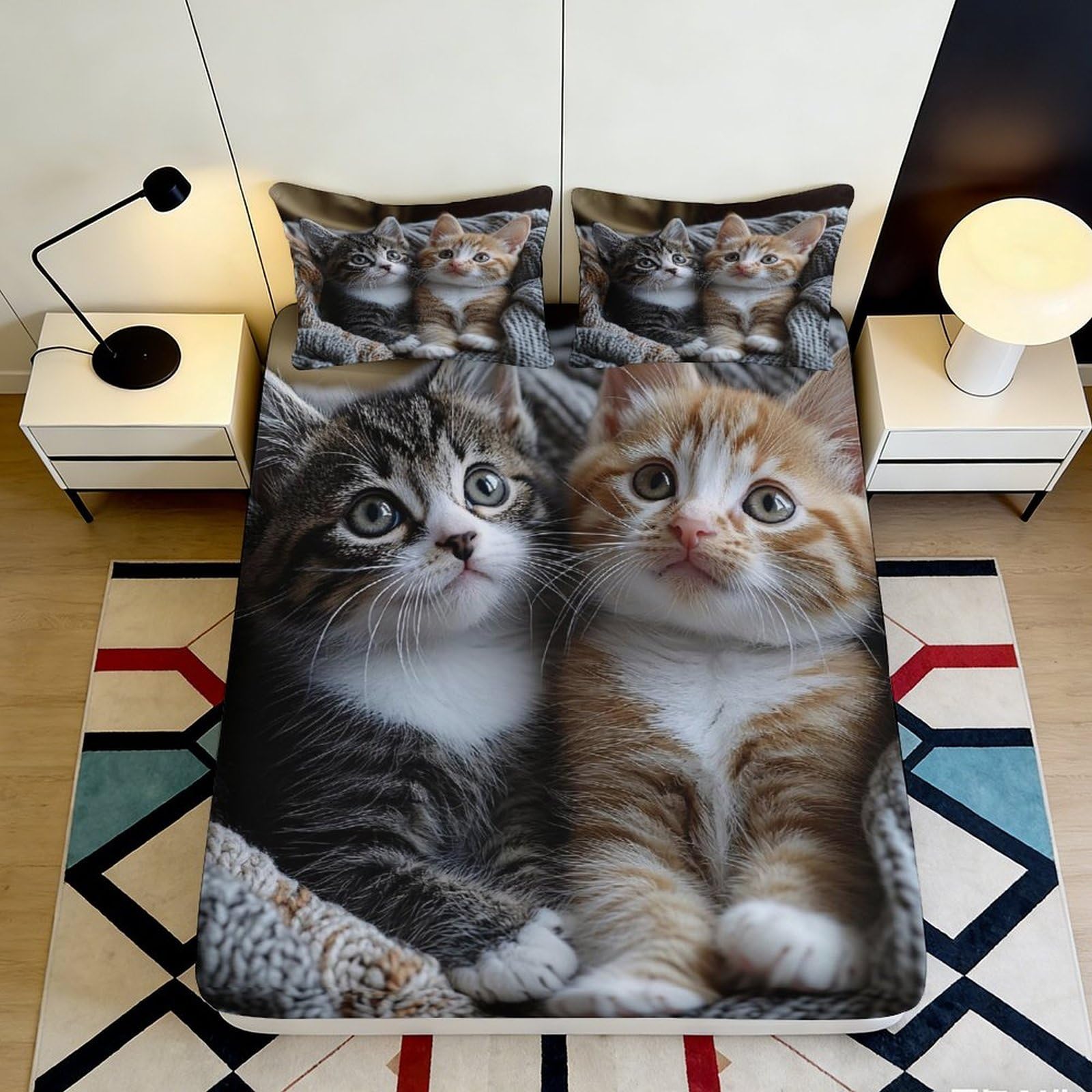 3D Printed Cute Tabby Cat Fitted Sheet Microfiber Soft Bedroom Decor Orange Kitten Mattress Cover for Home Dorm Room 90x200x25cm