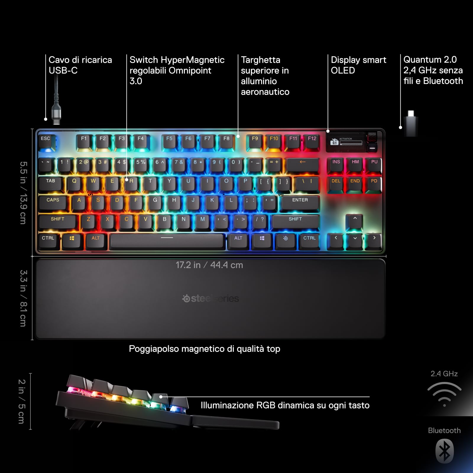 SteelSeries Apex Pro TKL Wireless Gen 3 Tastiera Wireless Gaming - HyperMagnetic OmniPoint 3.0 switch - Attuazione regolabile - Innesco rapido - Tocco rapido/SOCD - OLED - RGB - USB-C - UK QWERTY