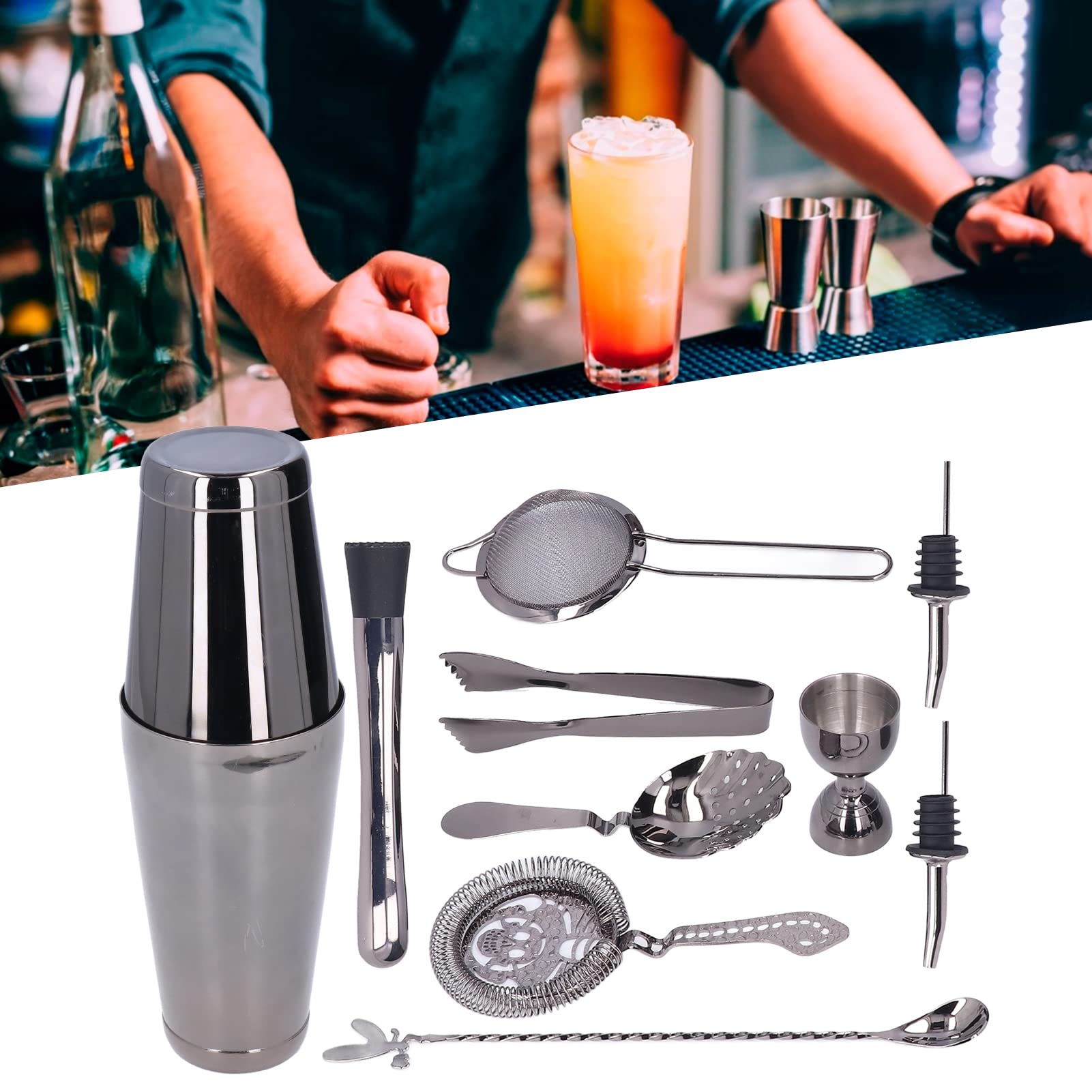 Juego de 11 cocteleras de acero inoxidable, juego de cócteles, juego de barra, juego de batidora de bebidas con todos los accesorios esenciales, coctelera, jigger, colador, mezclador, cuchara, mortero
