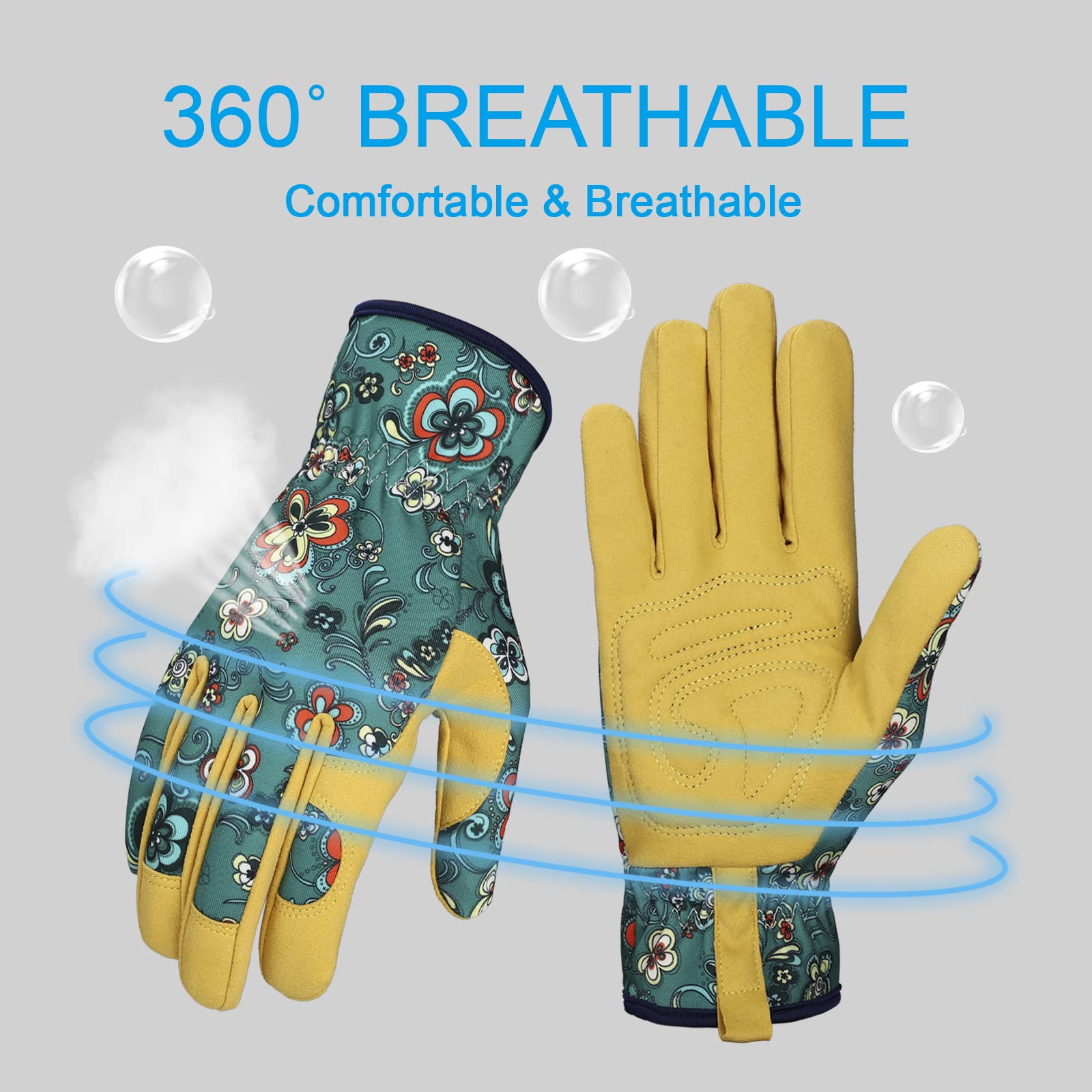 Bamllum Guantes de jardinería de cuero para mujer, guantes de trabajo para deshierbar, cavar, plantar, rastrillar y podar (verde + amarillo)
