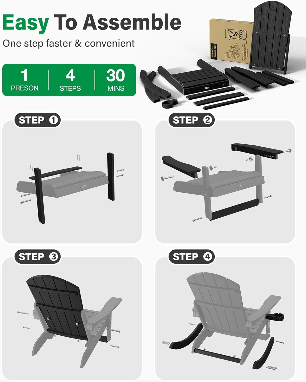 YEFU Adirondack Chairs with Retractable Ottoman: Oversize Adirondack Rocking Chairs - 5-Level Adjustable High Back - Outdoor Rocker with Cup Holder for Porch/Gardens/Lawn/Patio/Backyard/Black
