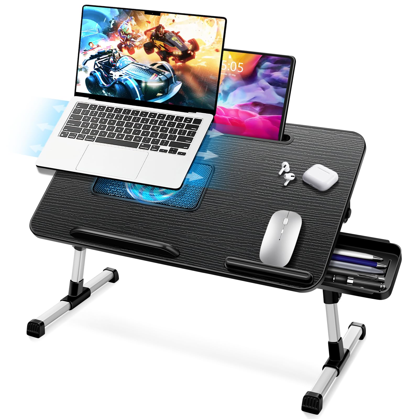 ICARE Table de Lit, Support Ordinateur Portable Lit, avec Refroidisseur PC Portable, Support pour Tablette,Tiroir, Réglable en Hauteur et Angle (53 x 30 cm, Noir)