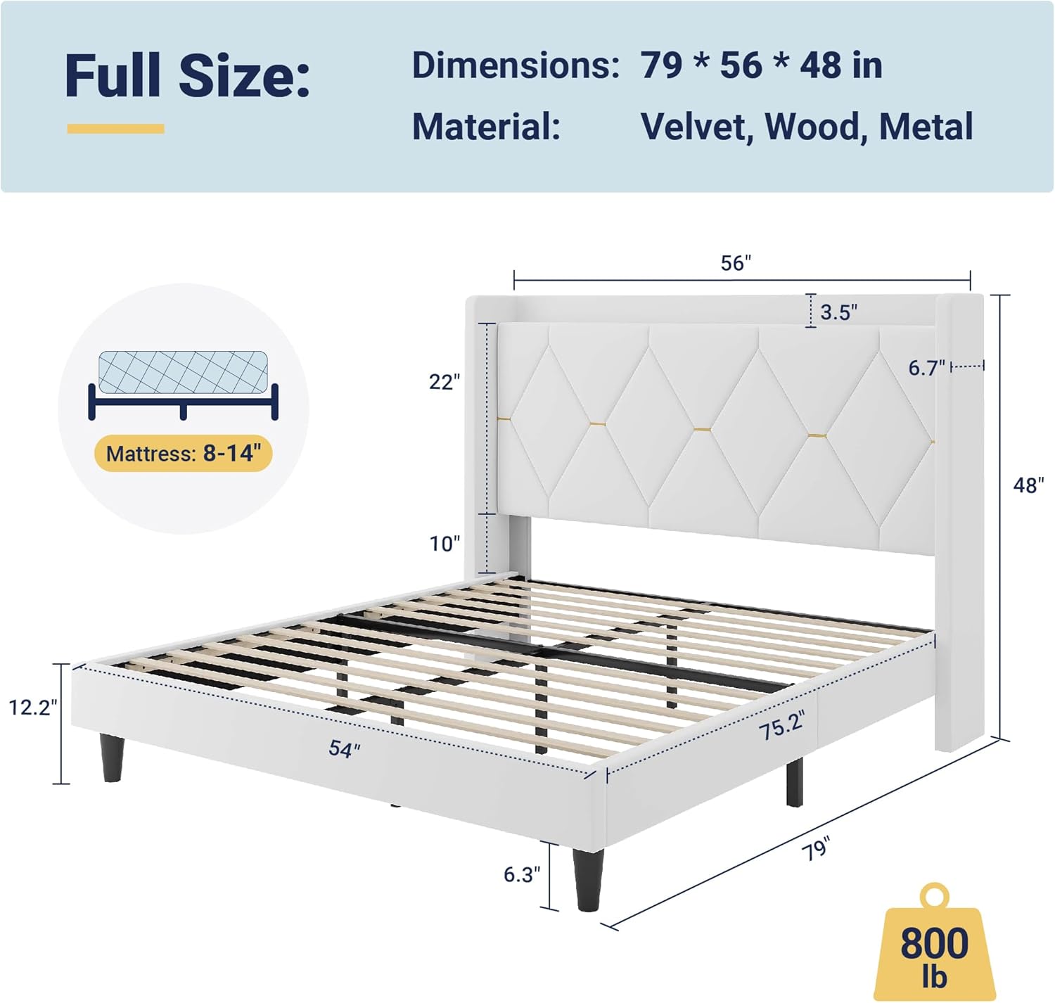 Allewie Velvet Full Size Upholstered Bed Frame with Wingback Storage Headboard & Charging Station, Platform Bed with Diamond Tufted Design & Gold Trim, No Box Spring Needed, Easy Assembly, White