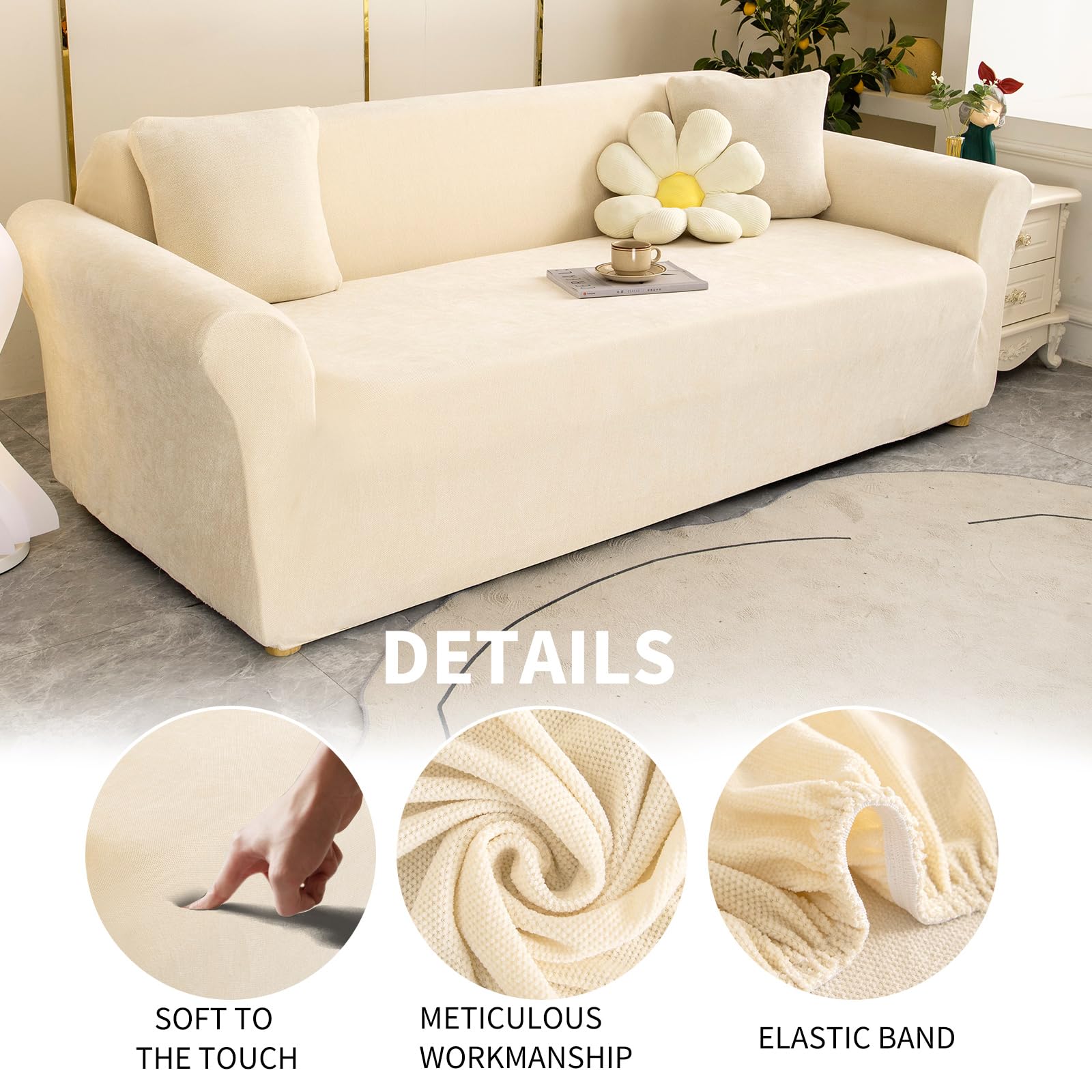 High Stretch Sofabezug Moderne einfach luxuriös Couch überzug Polyester Jacquard Elastische Sofahusse für Wohnzimmer Protector für Hunde Haustiere (2 Sitzer, Leinenweiß)