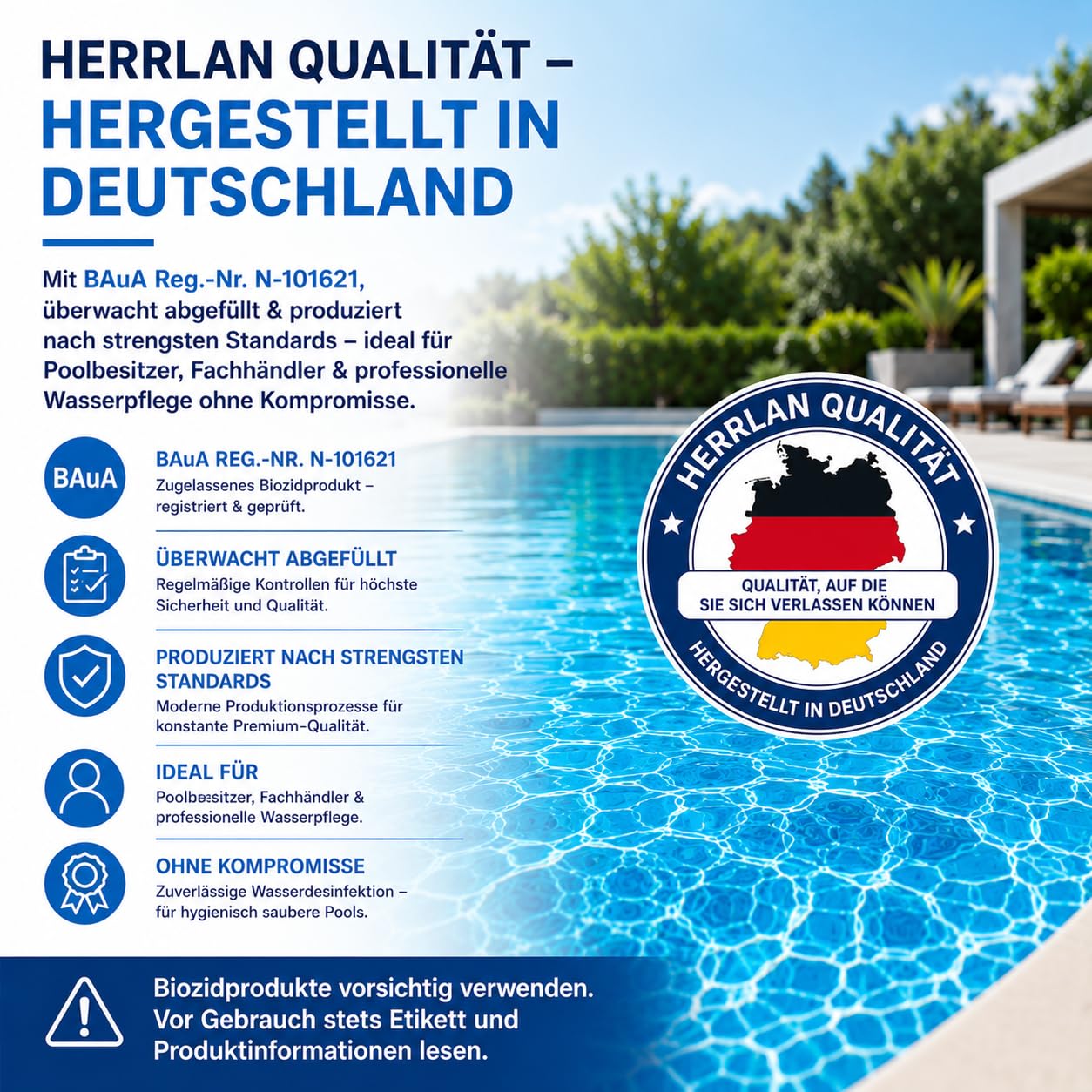 HERRLAN® Chlor flüssig 13% – 10 Liter Gebinde, 13 Kg Netto - Unstabilisiert & frei von Cyanursäure - Profi-Wasserdesinfektion für Pool, SwimSpa & Whirlpool - Made in Germany