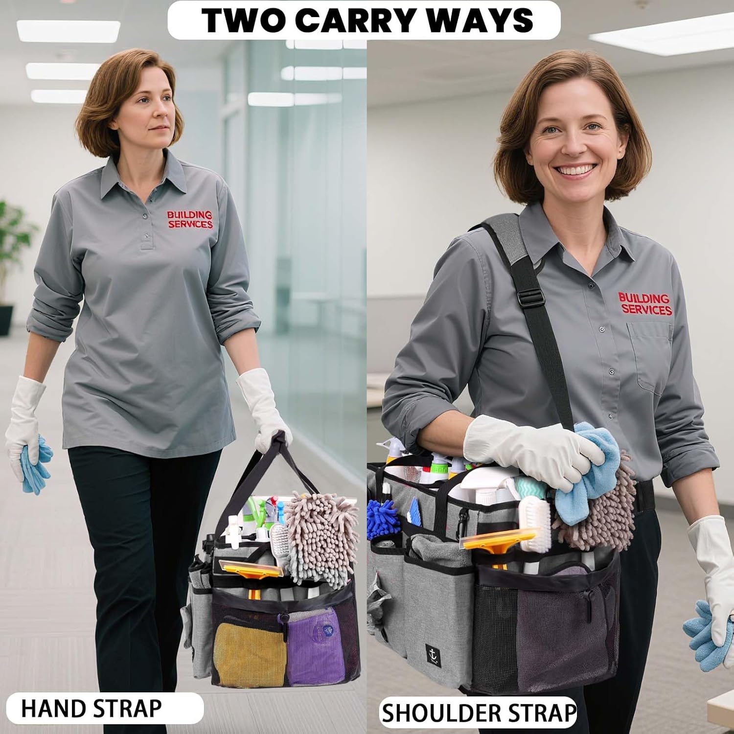 Extra large Cleaning Caddy Bag Built-in Sturdy Support Board, Cleaning Organizer with Detachable Divider, Cleaning Supply Tote with Adjustable Shoulder Strap (Grey, 19'' x 11'' x 11'')