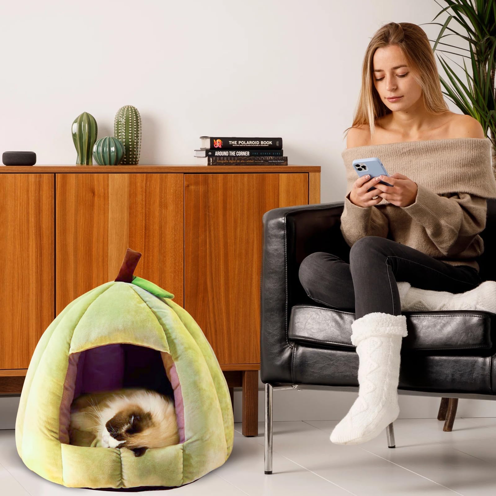Galatée Lit pour Chat Et Chien - Tente Igloo en Peluche Douce avec Coussin Amovible Et Lavable, Maison Chaude pour Animaux De Compagnie (L, Vert)