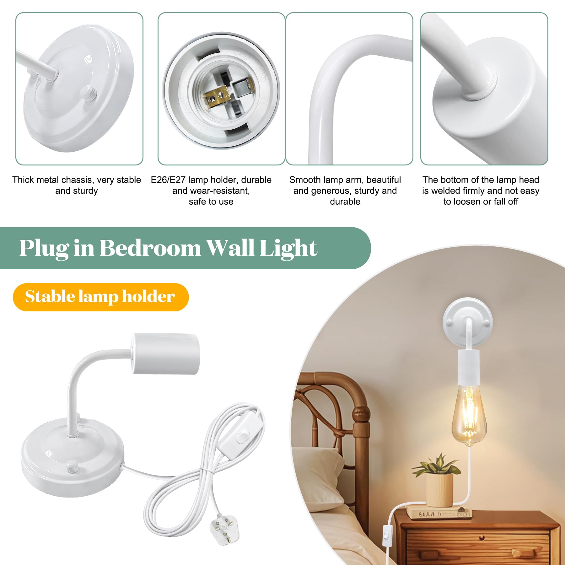 LQUNFYL 2 Pack Plug in Wall Lights for Bedroom with Switch and 180CM Cable, E27 Lamp Holder, Plug in Bedside Wall Light - Image 3