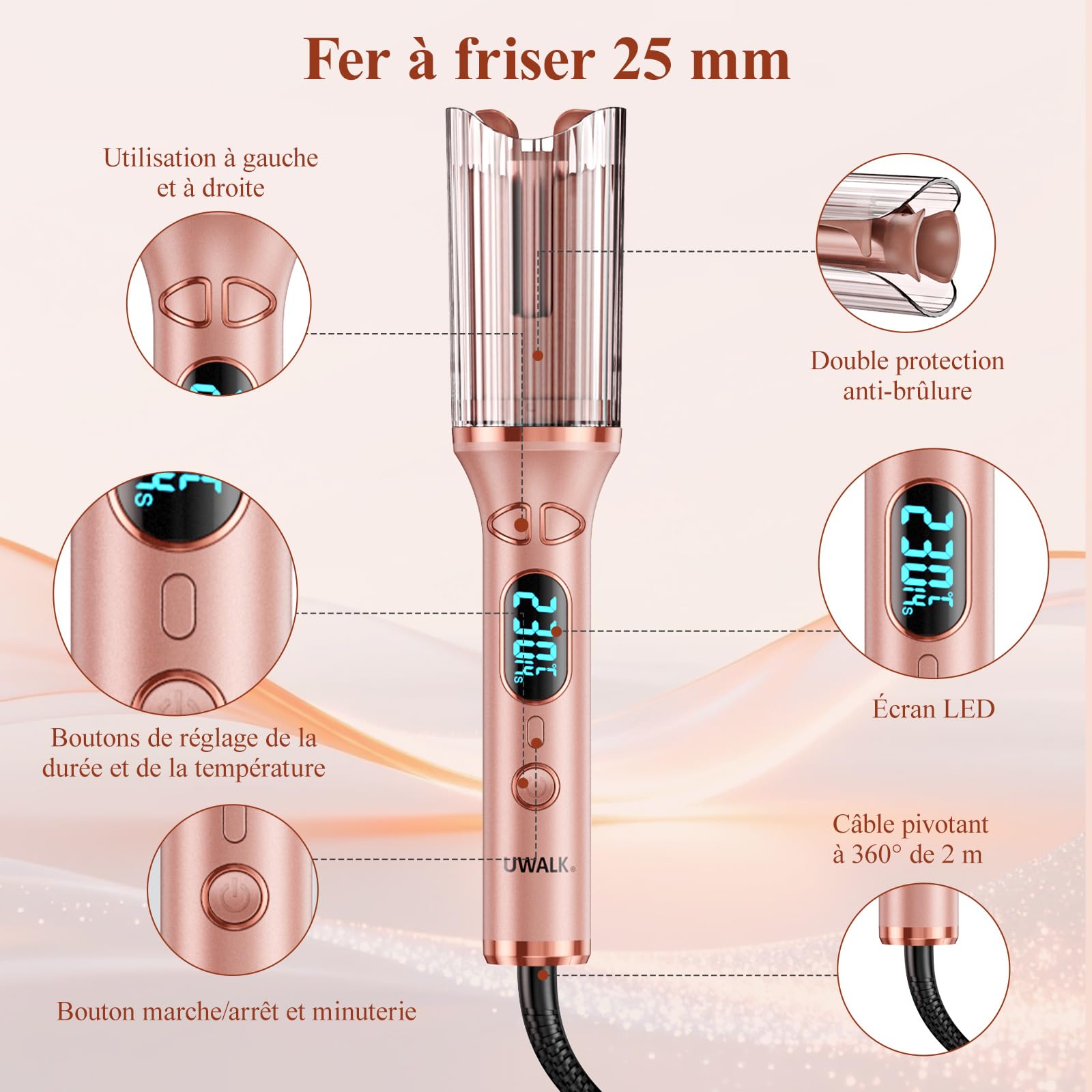 Boucleur a Cheveux Automatique Boucler: 25mm Fer a Boucler Automatique avec 14 Niveaux de Température et 5 Minuteries - Beach Waves Fer à Friser Long Cheveux avec Écran LED, Protection Anti-Brûlure