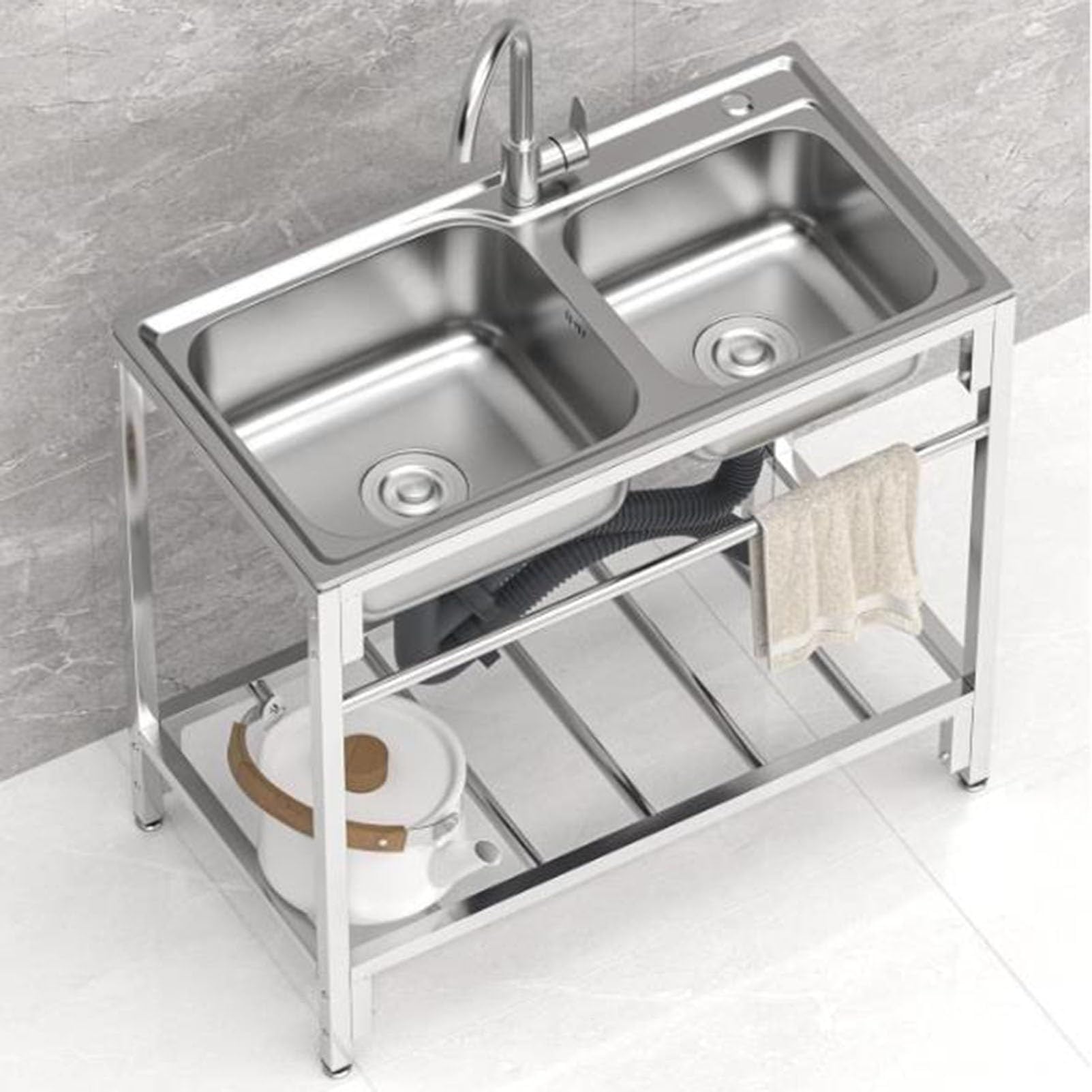 HYSOPSPX Stainless Steel Commercial Sink with Mixer Tap, Double Bowl for Restaurant Kitchen and Catering Use