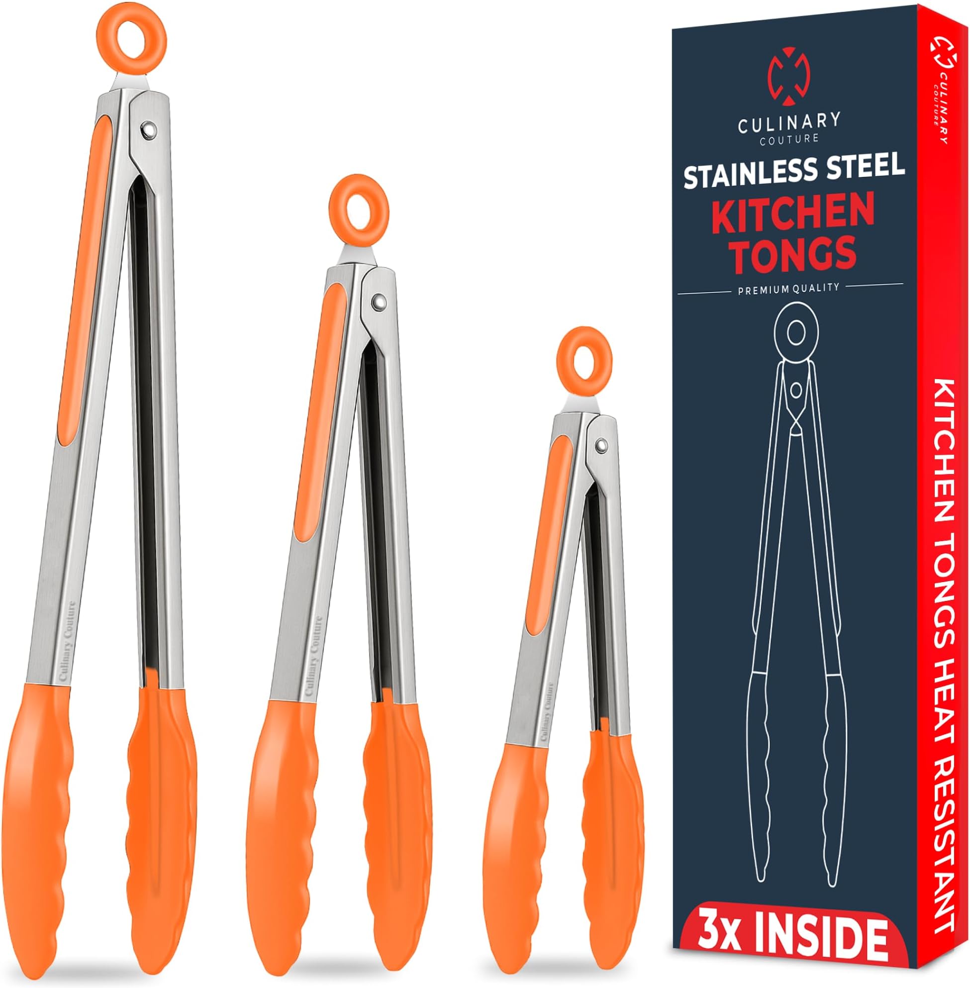 Kitchen Tongs for Cooking with Silicone Tips, Heat Resistant Tongs for Serving Food, 7-Inch, 9-Inch, 12-Inch Locking Silicone Tong, Set of 3 Salad Tong, Orange Kitchen Utensils