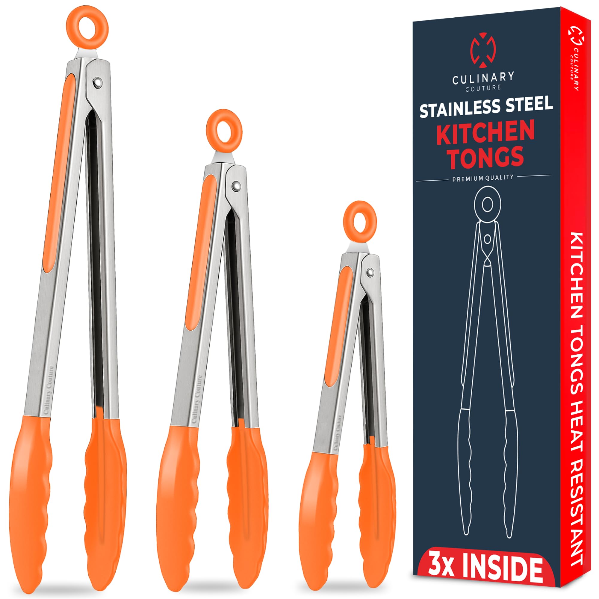 Kitchen Tongs for Cooking with Silicone Tips, Heat Resistant Tongs for Serving Food, 7-Inch, 9-Inch, 12-Inch Locking Silicone Tong, Set of 3 Salad Tong, Orange Kitchen Utensils