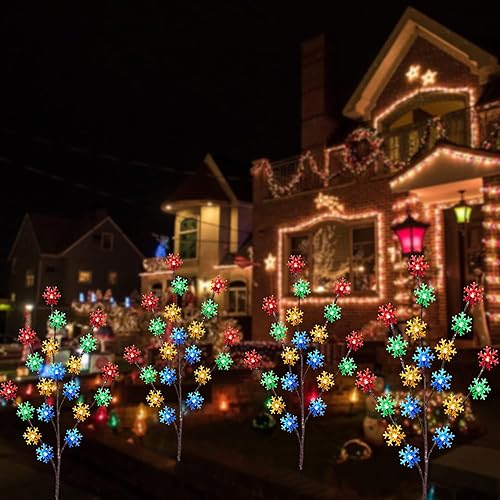 Miniatura 5 de Paquete de 4 luces solares de copo de nieve para caminos de Navidad, multicolor, impermeables, luces de estaca de jardín para exteriores, luces