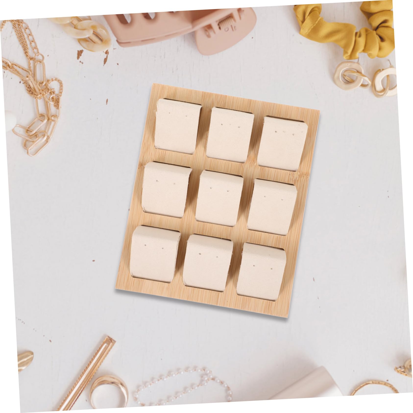 Espositore per Orecchini in Bambù, Vassoio Beige da Tavolo 9 Posti, Supporto per Gioielli, per Esposizione in Negozio e Fotografia
