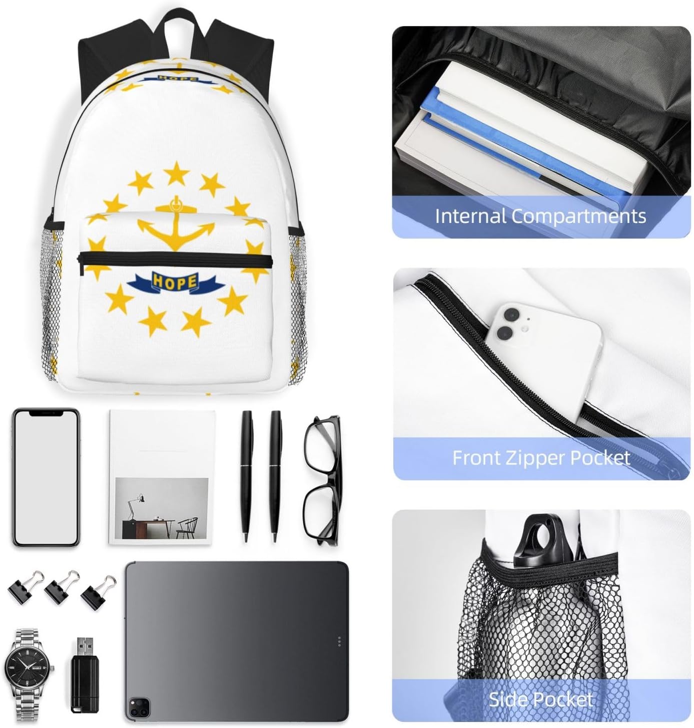 Rhode Island State Flag College Backpacks,Backpacks With Pockets, Lightweight Bookbag For College for Women Men