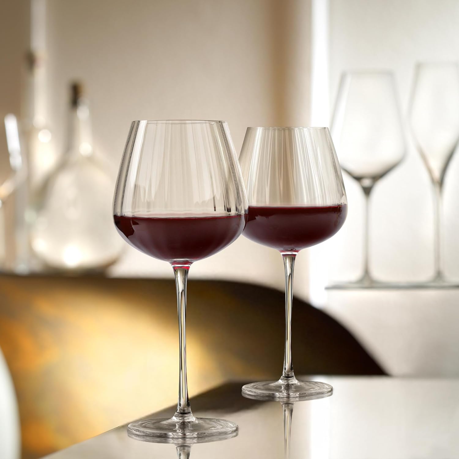 Joeyan Hand-Blown Crystal Red and White Wine Glasses,Clear Ribbed Stemmed Glasses,Modern Long Stem Glassware Set,Gifts for Wine Tasting Birthday Anniversary Wedding,18.5 oz,Set of 2