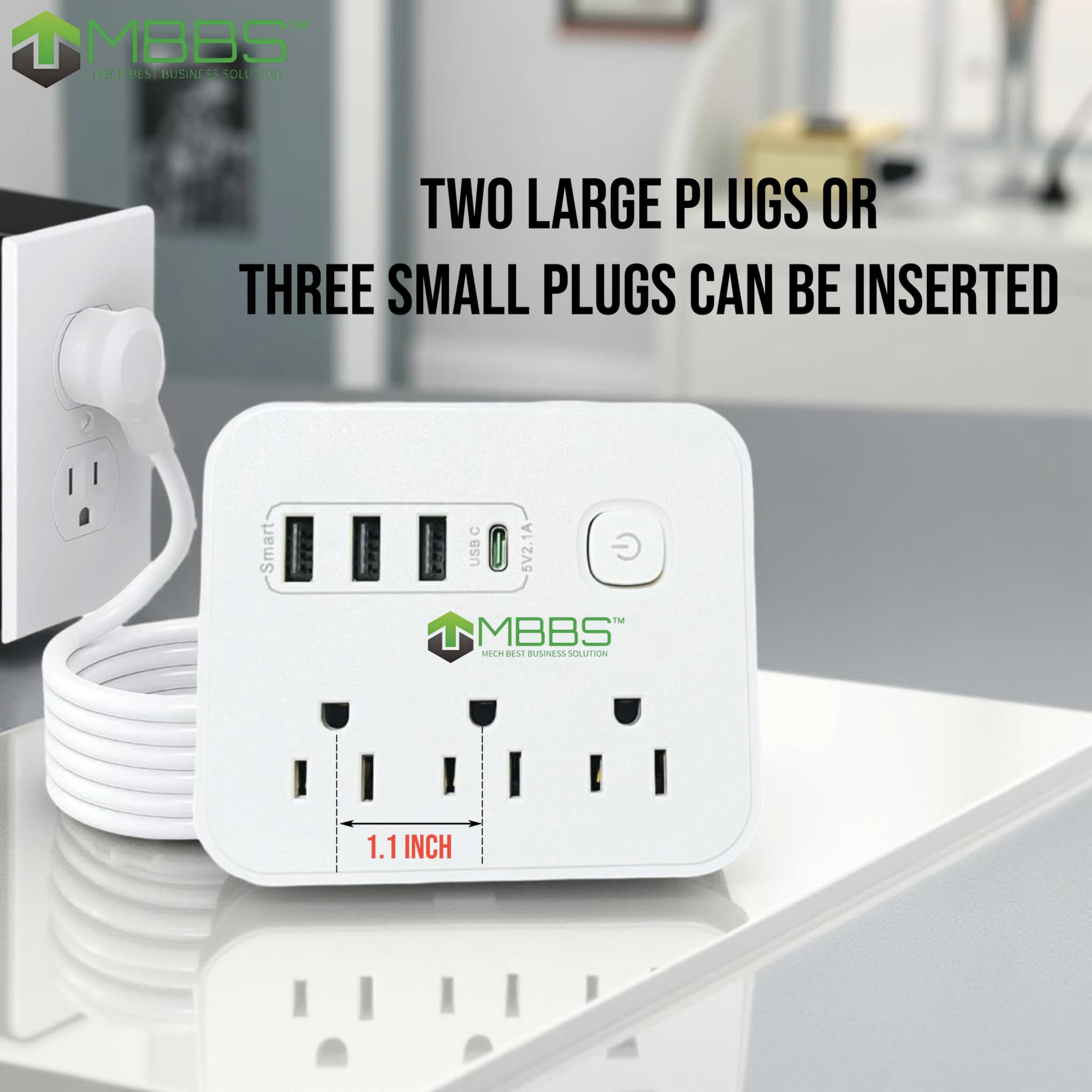 Tira de alimentación de protección contra sobretensiones con USB C, protección 1200J, cable de extensión resistente de 5 pies (7 en 1) 3 salidas de CA, 4 puertos USB, interruptor de encendido/apagado