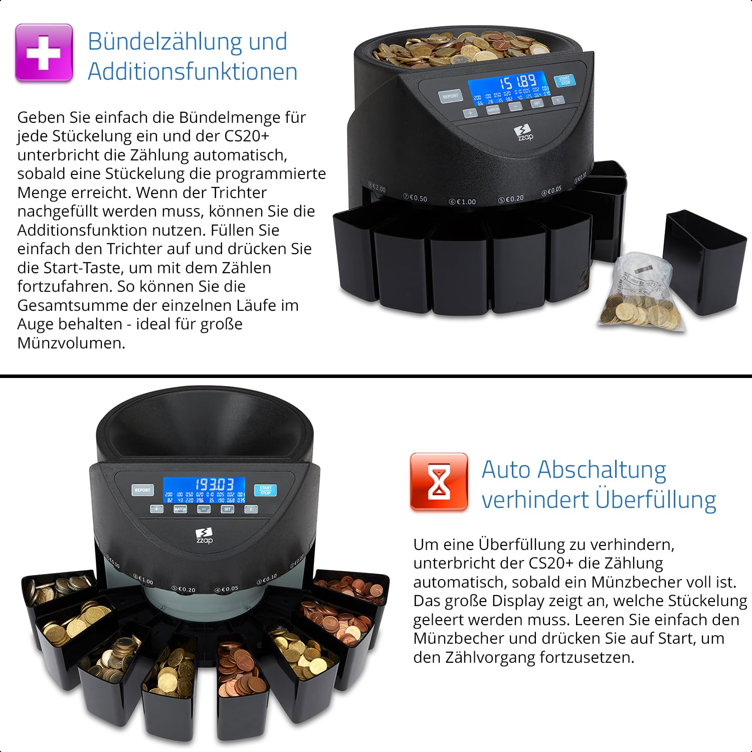 ZZap CS20+ Automatischer EURO Münzzähler & -sortierer - Geldzählmaschine Münzzählautomat Geldzähler