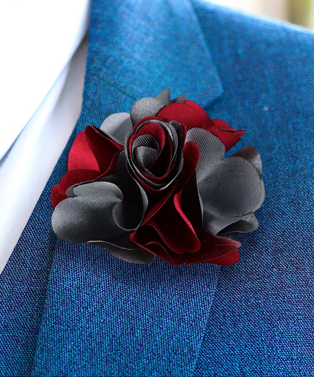 Vittorio Vico Two-Tone Flower Lapel Pin - Brooch, Boutonniere for Men (Burgundy/Silver Grey)