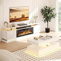 Vista 10 de Juego de Mesa Moderna de 4 Piezas para Sala de Estar, Incluye Soporte de TV para Chimenea de Alto Brillo de 70", Mesa de Centro LED y Juego de 2