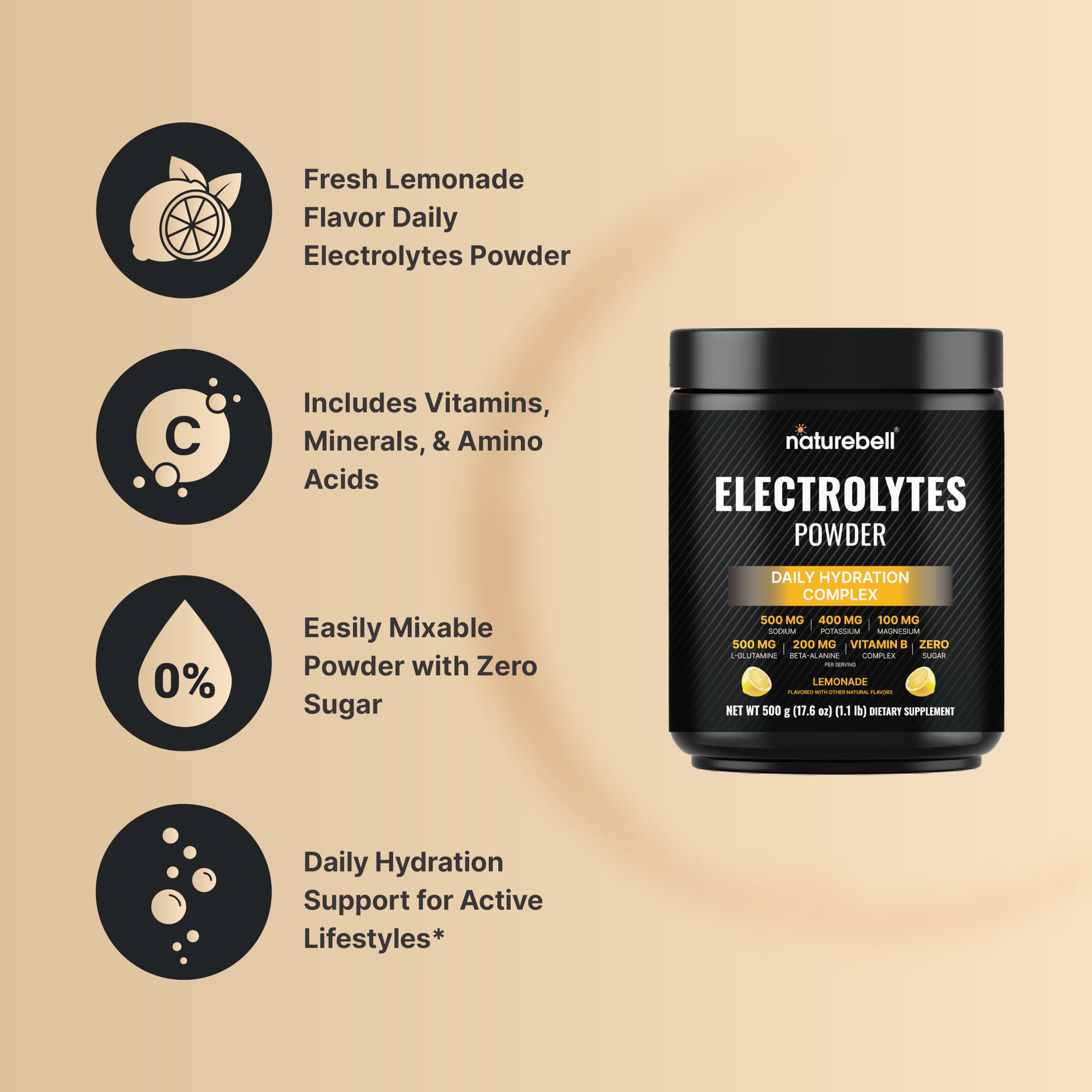 NatureBell Daily Electrolytes Powder No Sugar, 500g (50 Servings), Jar, Hydration Drink Mix with Sodium, Potassium, Magnesium, L-Glutamine, Beta Alanine & Vitamin B Complex - Lemonade Flavor | Non‑Gmo — Amazon image 4