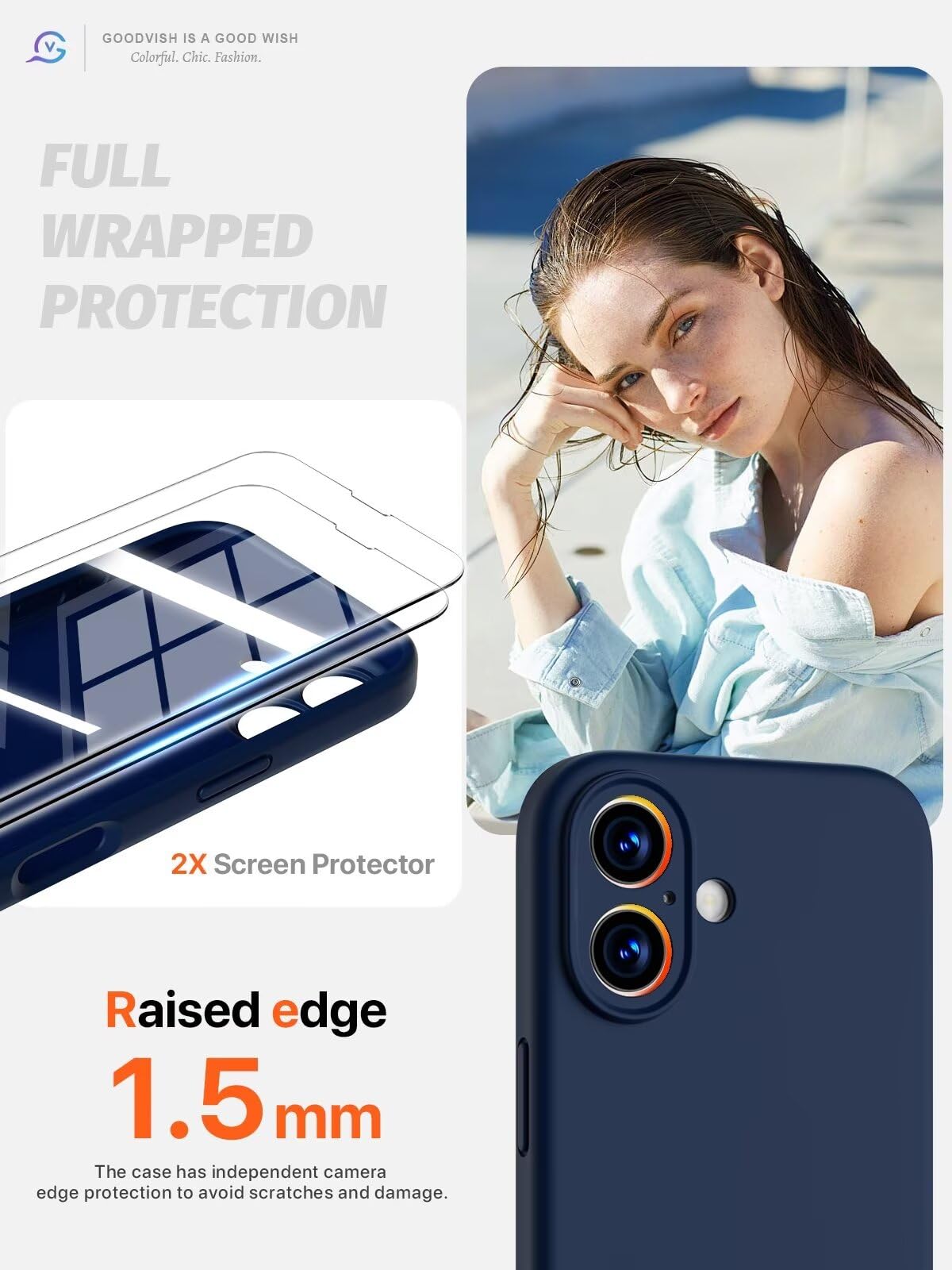 GOODVISH 3 in 1 Silicone Cover per iPhone 16 6.1", Custodia con 2 Pellicola Vetro Temperato [Protezione Fotocamera] 360° Protezione Anticaduta Case per Cellulare Antiurto Resistente, Navy Blu