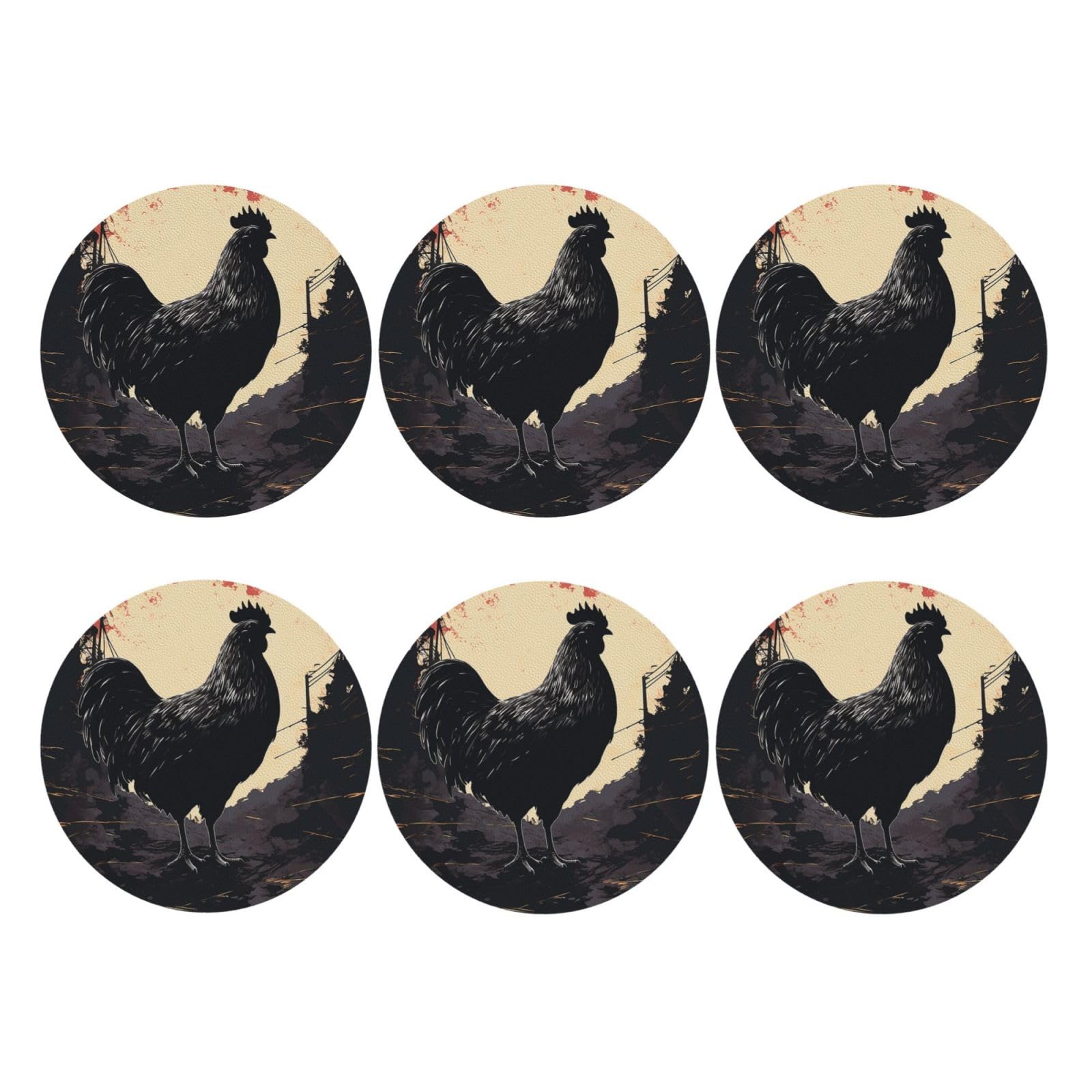 6pcs Leather Coasters for Drinks, Farmhouse Chicken Drink Coasters for Tabletop Protection, 4" Cup Coasters for Coffee Table Decor, Non-Slip Drinking Cup Mat for Hot Or Cold Drink