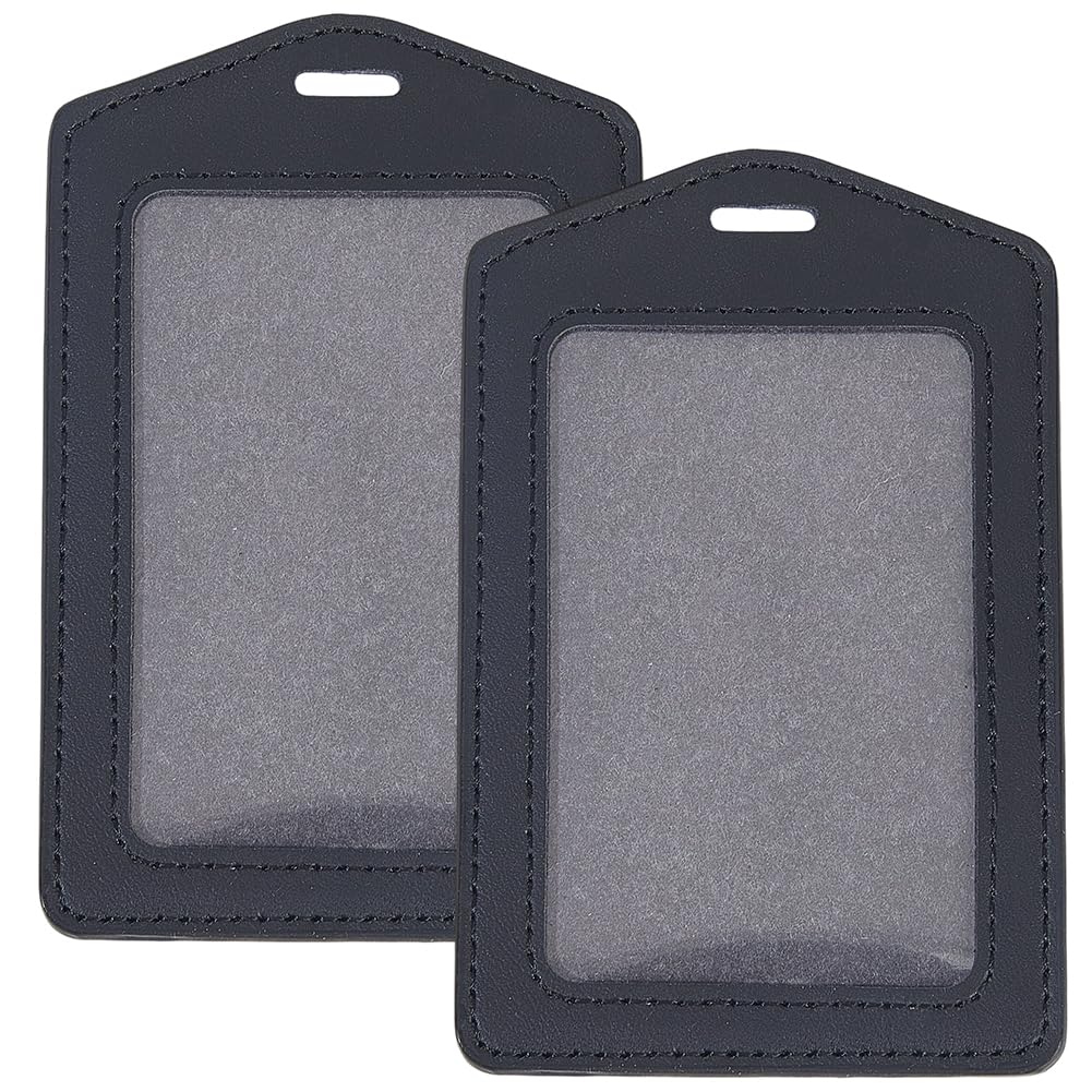 2PCS PU Leather ID Badge Holder Black Vertical Single Side Clear Card Slot Case Waterproof Transparent Name Badge Holder without Lanyard for Offices Staff Students Employees