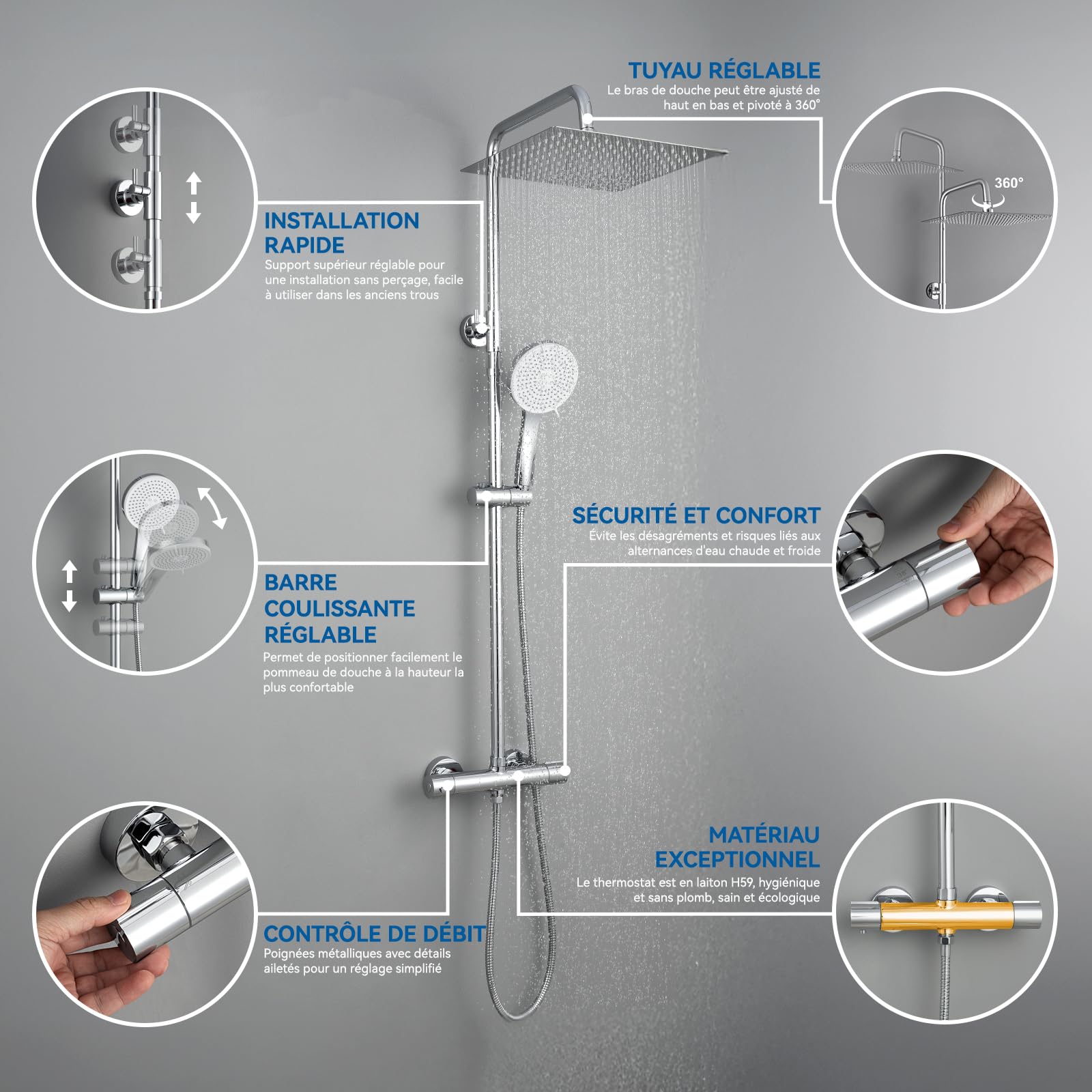 Auralum Colonne de Douche avec Mitigeur Thermostatique, Douche Pluie en Acier Inoxydable 30 x 30 cm, Douchette à 5 Modes, Barre de Douche Extensible (Chromé)
