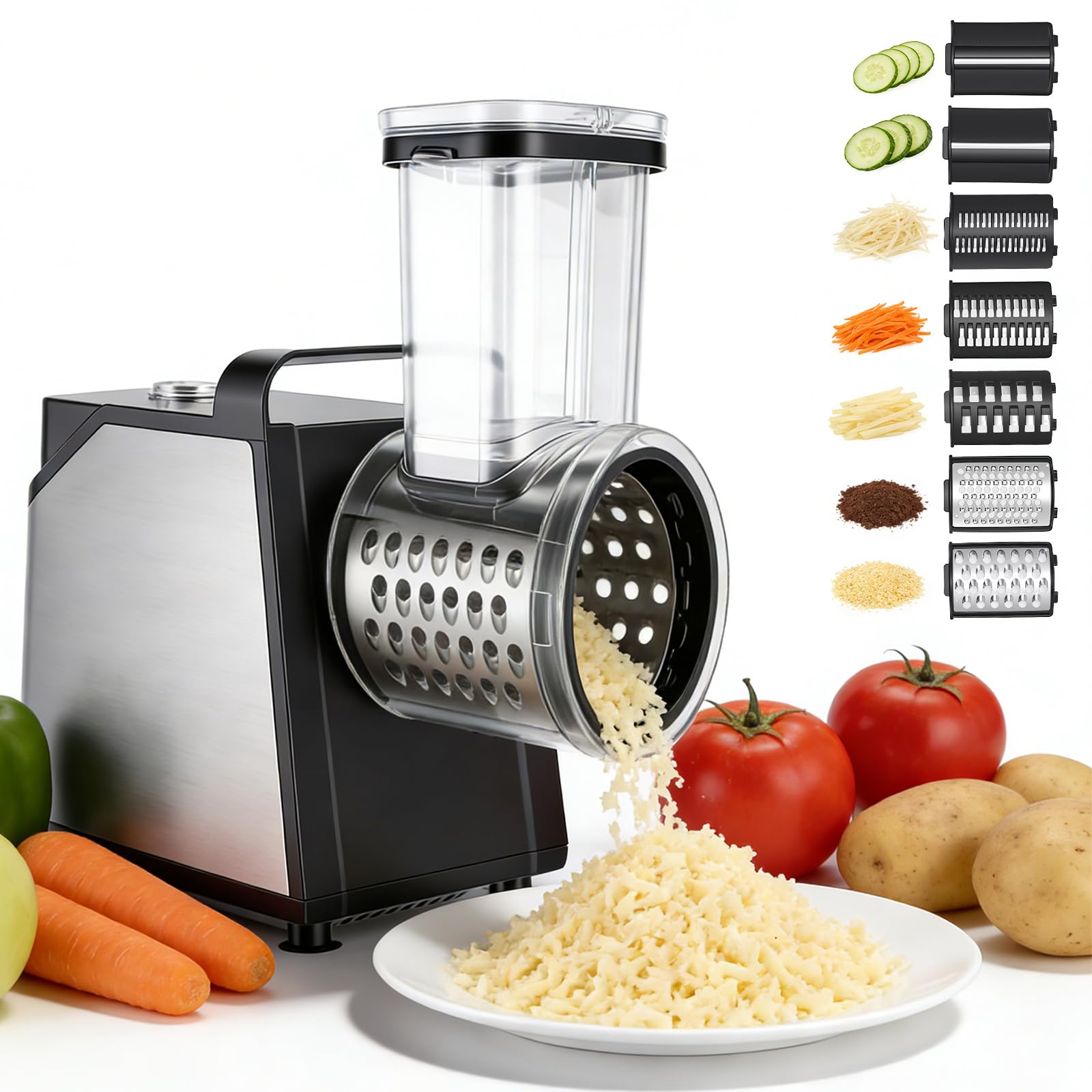 Rallador Eléctrico de Verduras y Fruta 250W, 7 en 1 Mandolina Electrica con 7 Cuchillas de Acero Inoxidable, Cortador de Verduras Electrico con Embudo de llenado Grande, para Verduras, Queso, Frutos