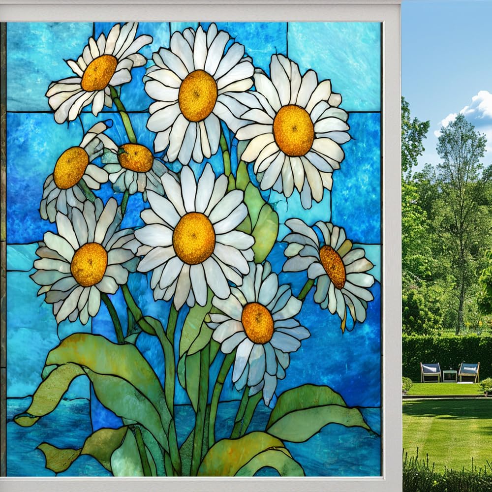 Countryside Daisy Stained Glass Window Film, Colorful Floral Natural Plants Peel and Stick Privacy Film, Frosted Adhesive Vinyl Decorative for Bathroom Windows Glass Doors, （55x100cm）
