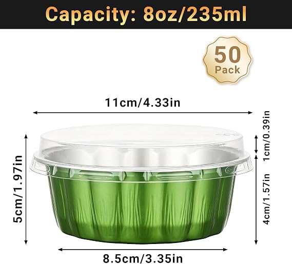 Beasea Disposable Ramekins with Lids, 50 Pack 8oz 235ml Aluminum Foil Baking Cups with Lids, Aluminum Creme Brulee Ramekins Muffin Cupcake Pudding Cheesecake Baking Cups for Party - Avocado Green