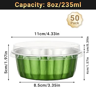 Beasea Disposable Ramekins with Lids, 50 Pack 8oz 235ml Aluminum Foil Baking Cups with Lids, Aluminum Creme Brulee Ramekins Muffin Cupcake Pudding Cheesecake Baking Cups for Party - Avocado Green