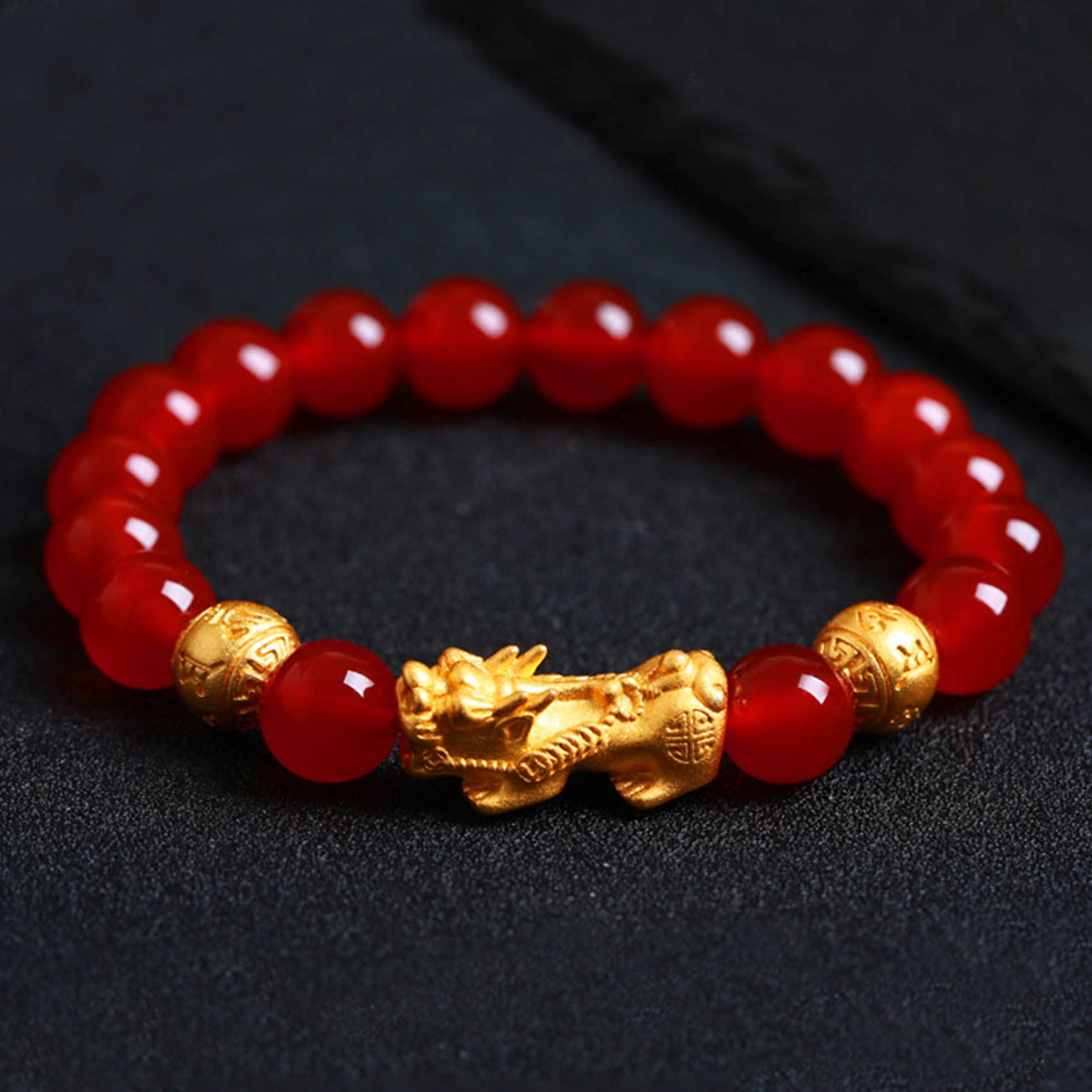 Feng Shui Wealth Bracelet Gold Pixiu/Pi Yao Bracelet Carrying Ancient Coins Natural Black Obsidian Bracelet Good Luck Amulet Red Agate Crystal Beaded Bracelet