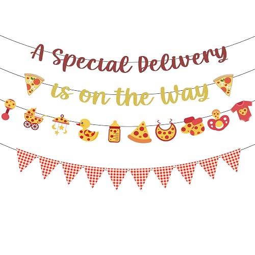 NOVBAUB Pizza Baby Shower Decorations Special Delivery is On The Way Banner | 4PCS Pizza Special Delivery Baby Shower Garland, Pre-Assembly, Gender Reveal Party Supplies, Fast Food Theme