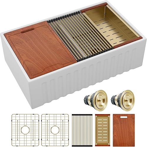 Miniatura 10 de Lordear Fregadero de cocina de doble tazón blanco de 32 x 19 pulgadas, dos lavabos, fregadero de cerámica de porcelana de arcilla refractaria blanca