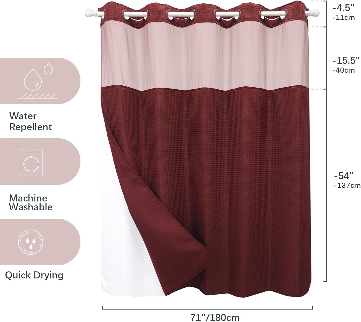 VIUOON No Hook Shower Curtain Set with Snap in Fabric Liner,250GSM Waffle Weave Wine Red Hotel Grade Bath Shower Curtain - See Through Top Window, Waterproof & Washable, 71W x 74H