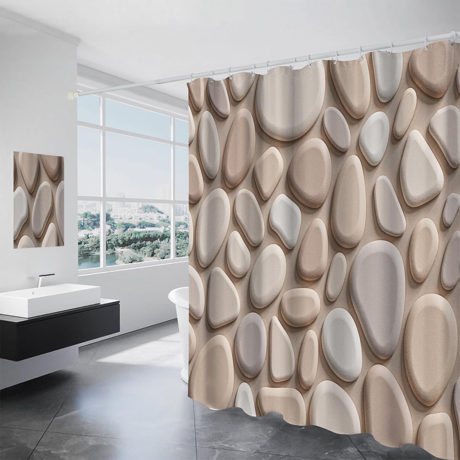 Rideau Douche, Rideau Baignoire Lavable en Machine Rideaux Douche Tissus Lavable Rideau De Baignoire Lavable pour Salle De Bain Domicile Baignoire Famille, Galets Personnalisés,