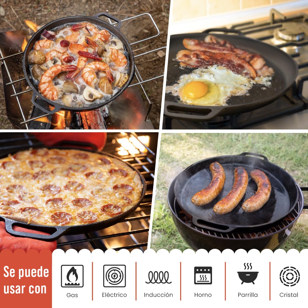 Chef Pomodoro Sartén Hierro Fundido para Pizza 30,5 cm - Pizza Pan con Asas - Plancha Hierro Fundido Redonda, Comal para Tortillas, Parrilla, Horno, Quemadores Gas, Barbacoa y Camping