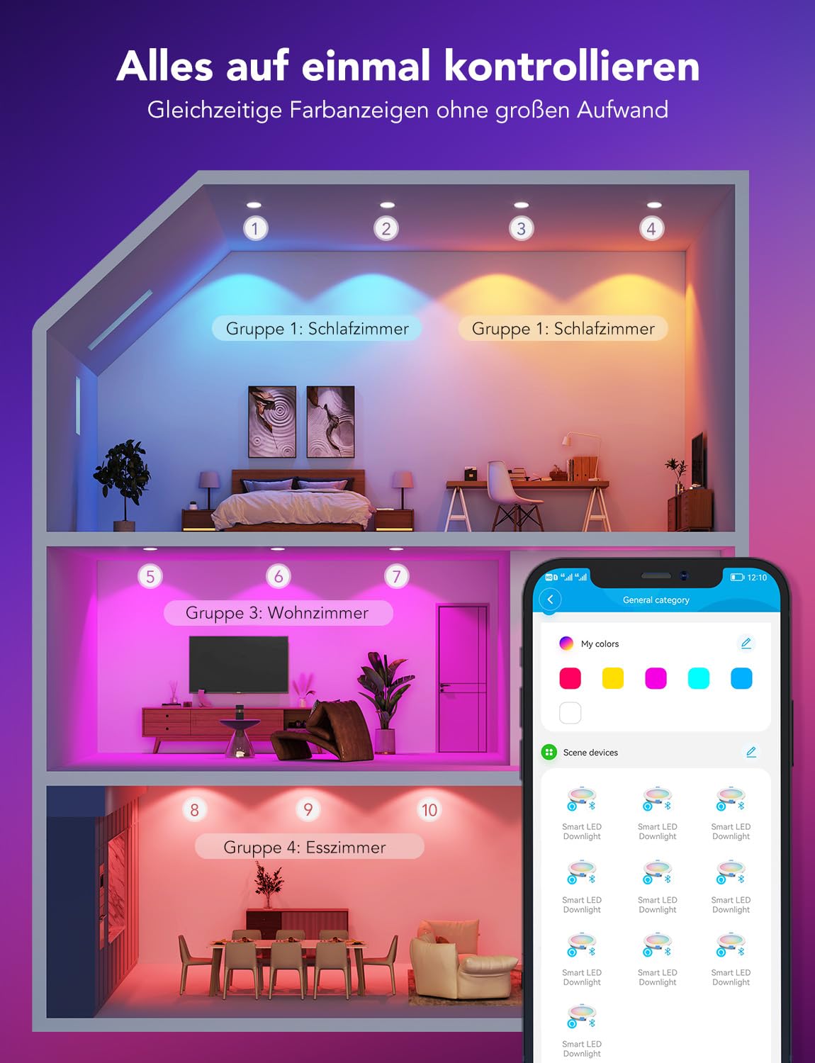 Govee Smart LED Einbaustrahler 11W, RGBWW Einbauleuchten 120mm Dimmbare, ultraflache Deckenspots Kompatibel mit Matter und Alexa 850LM, Einbauspots für Badezimmer Küche Wohnzimmer, 4 Stück